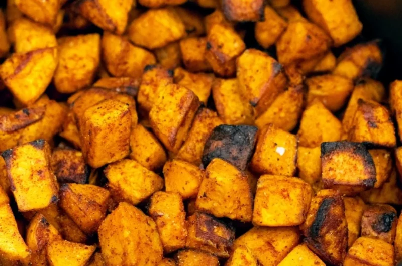 Crispy air fryer sweet potato cubes ready to be served as a healthy dish