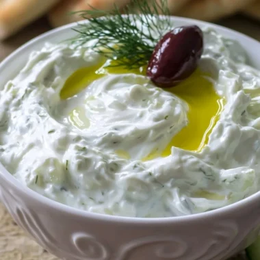 Bowl of authentic Tzatziki Sauce made with yogurt, cucumber, and herbs