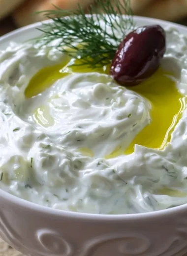 Bowl of authentic Tzatziki Sauce made with yogurt, cucumber, and herbs