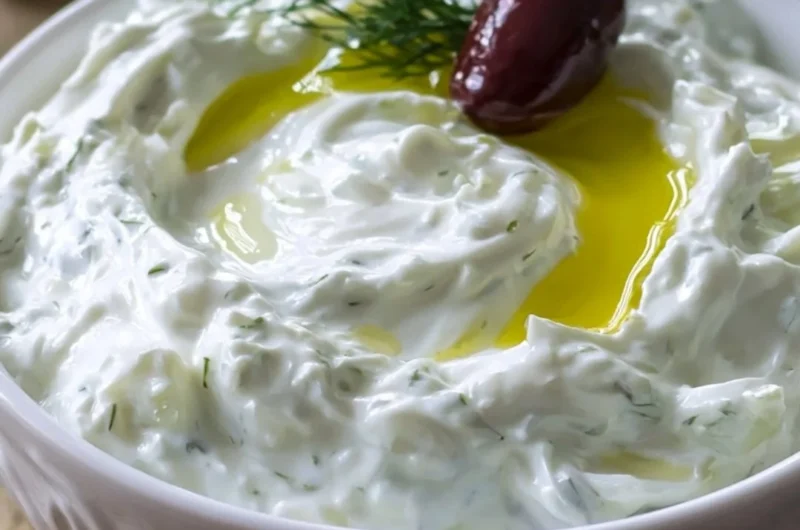 Bowl of authentic Tzatziki Sauce made with yogurt, cucumber, and herbs