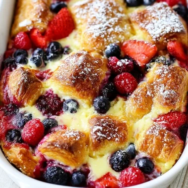 Freshly baked Berry Croissant topped with berries and powdered sugar