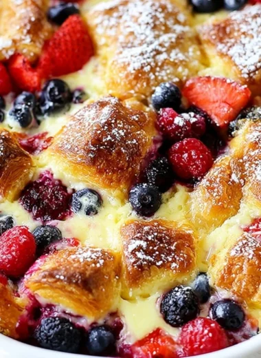 Freshly baked Berry Croissant topped with berries and powdered sugar