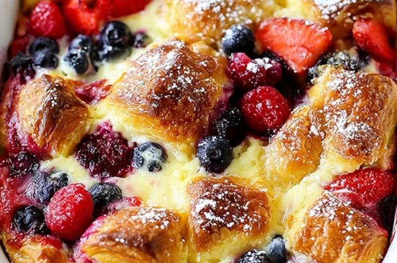 Freshly baked Berry Croissant topped with berries and powdered sugar
