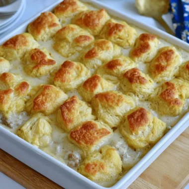 Delicious Biscuits and Gravy Casserole dish topped with sausage and gravy.