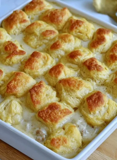 Delicious Biscuits and Gravy Casserole dish topped with sausage and gravy.