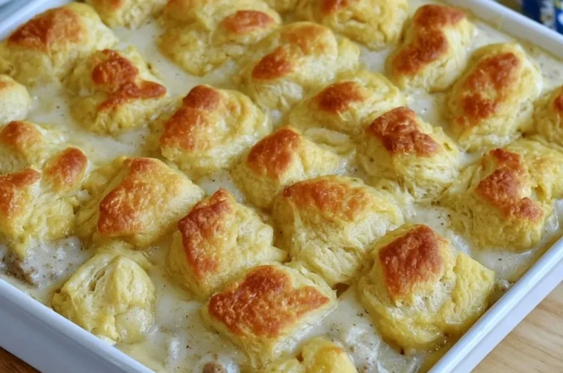 Delicious Biscuits and Gravy Casserole dish topped with sausage and gravy.