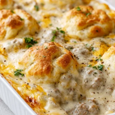 Delicious Biscuits and Gravy Casserole topped with sausage gravy