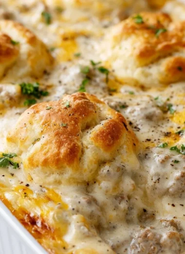 Delicious Biscuits and Gravy Casserole topped with sausage gravy