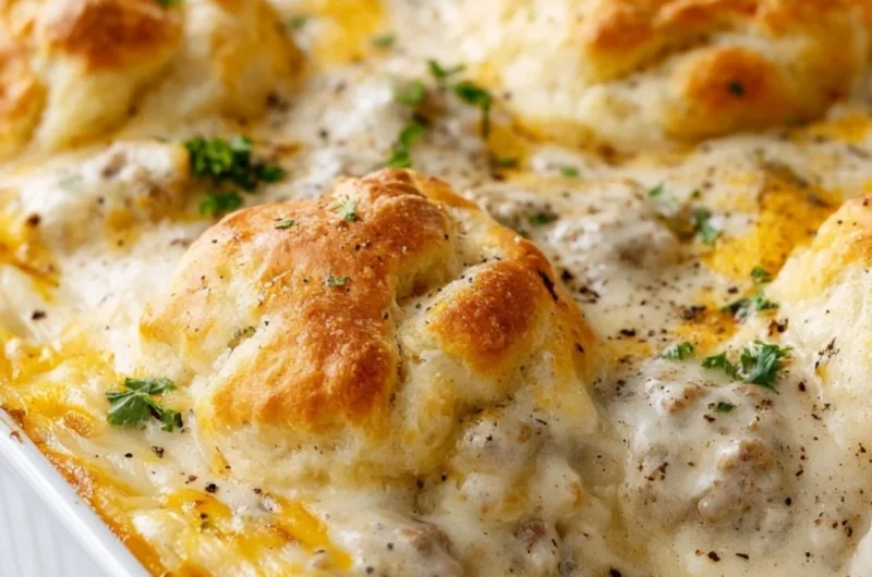 Delicious Biscuits and Gravy Casserole topped with sausage gravy