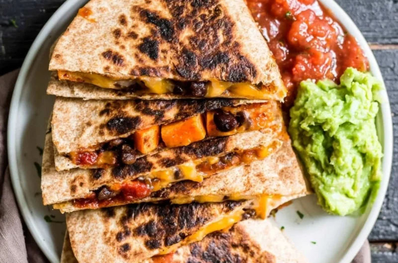 Delicious Black Bean Sweet Potato Quesadilla served with salsa and garnished.