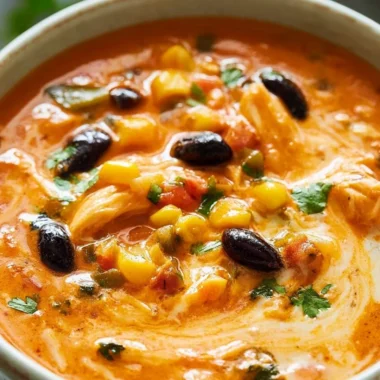 Bowl of delicious Chicken Enchilada Soup garnished with cilantro and cheese
