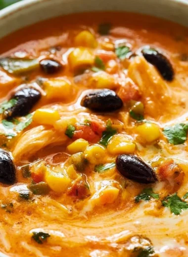 Bowl of delicious Chicken Enchilada Soup garnished with cilantro and cheese