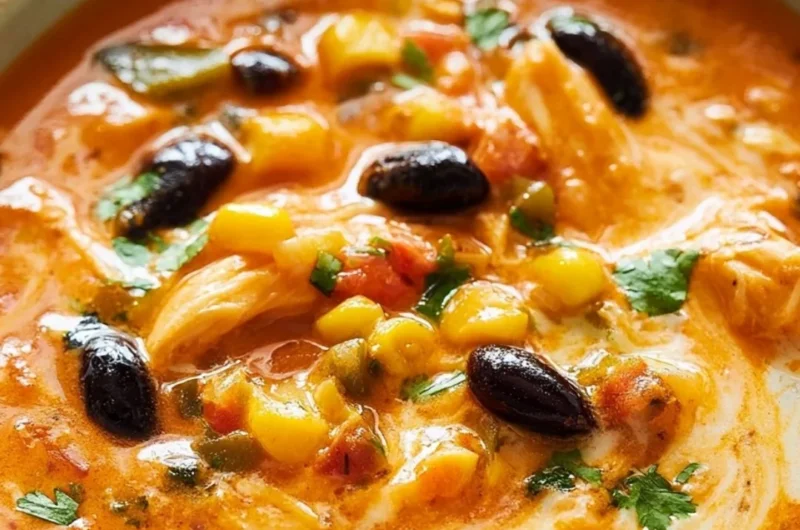 Bowl of delicious Chicken Enchilada Soup garnished with cilantro and cheese