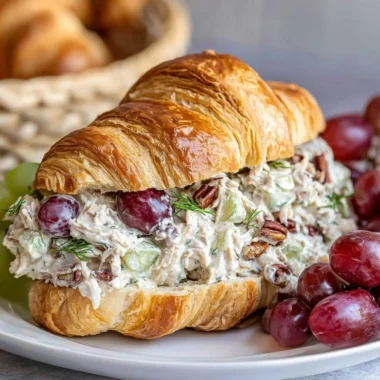 Chicken salad croissant sandwich filled with fresh chicken salad and greens