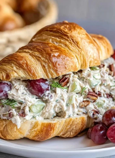 Chicken salad croissant sandwich filled with fresh chicken salad and greens
