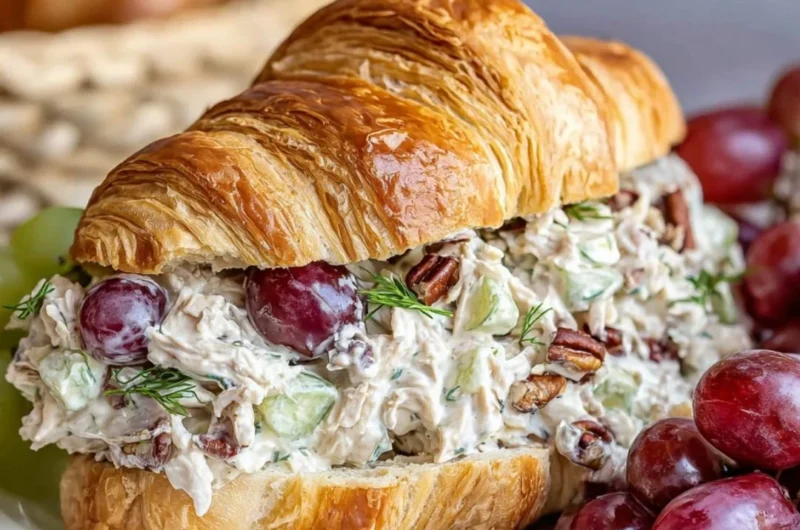 Chicken salad croissant sandwich filled with fresh chicken salad and greens