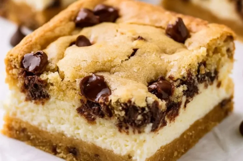Delicious chocolate chip cheesecake bars topped with chocolate chips