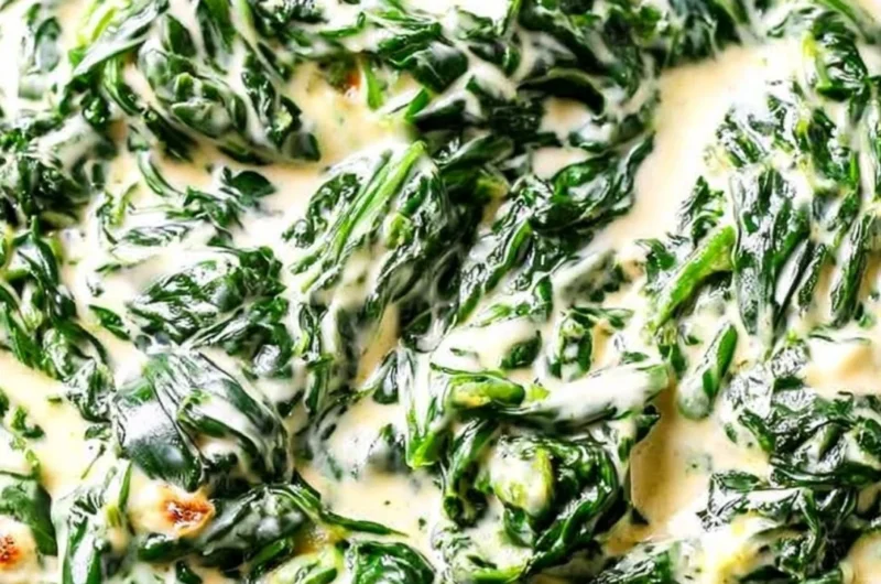 Creamed spinach served in a bowl, garnished with herbs.