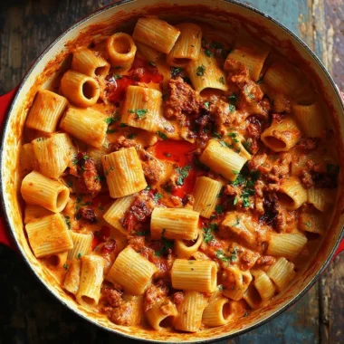 Creamy chorizo pasta served in a bowl garnished with fresh herbs