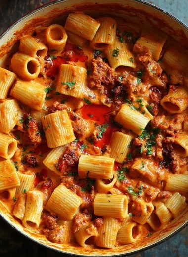 Creamy chorizo pasta served in a bowl garnished with fresh herbs