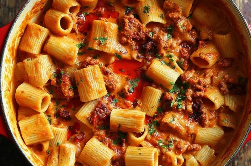 Creamy chorizo pasta served in a bowl garnished with fresh herbs