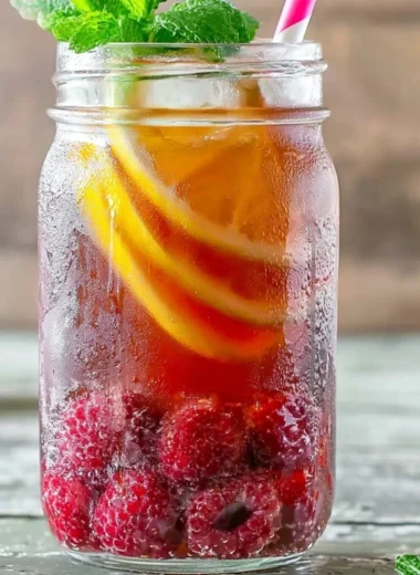 A refreshing glass of Earl Grey Raspberry Iced Tea with raspberries and lemon slices.