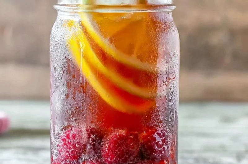 A refreshing glass of Earl Grey Raspberry Iced Tea with raspberries and lemon slices.