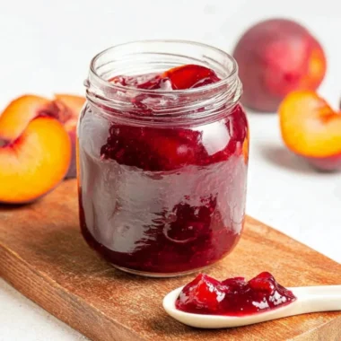 Jar of homemade easy plum jam on a wooden table