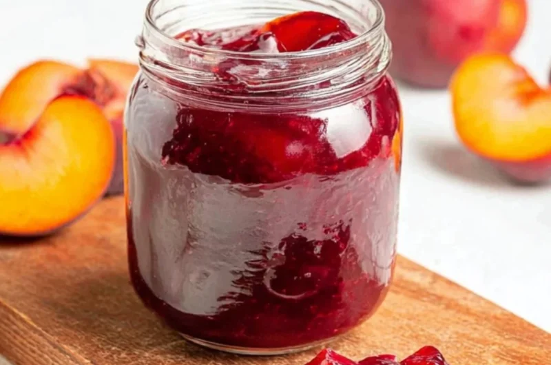 Jar of homemade easy plum jam on a wooden table