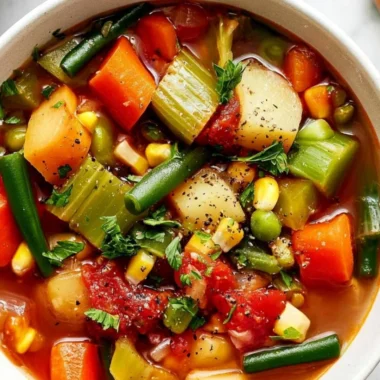 Bowl of easy vegetable soup filled with colorful fresh vegetables