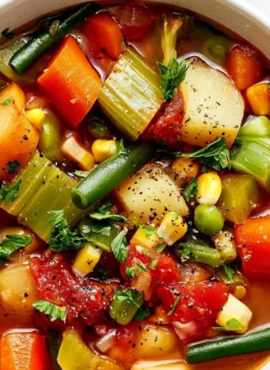 Bowl of easy vegetable soup filled with colorful fresh vegetables