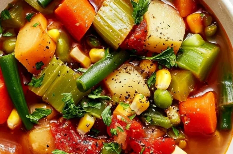 Bowl of easy vegetable soup filled with colorful fresh vegetables