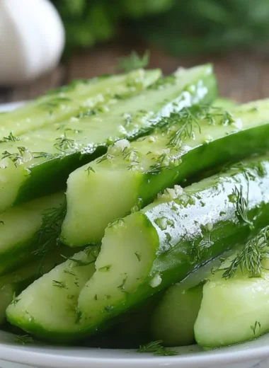 Homemade garlic dill cucumbers jar on a kitchen counter