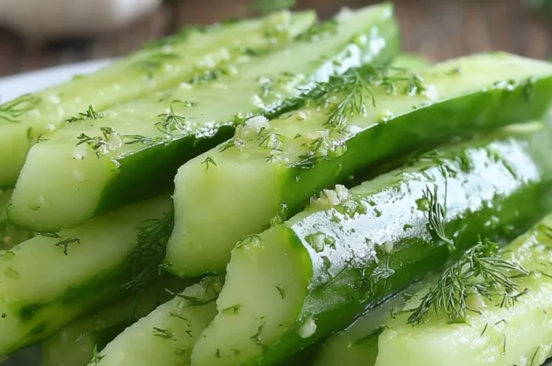 Homemade garlic dill cucumbers jar on a kitchen counter