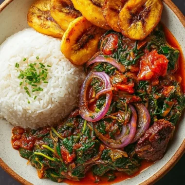 Bowl of Ghanaian Spinach Stew with vibrant greens and spices