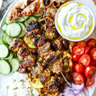 Delicious Greek Chicken Kabobs on a skewer with colorful vegetables