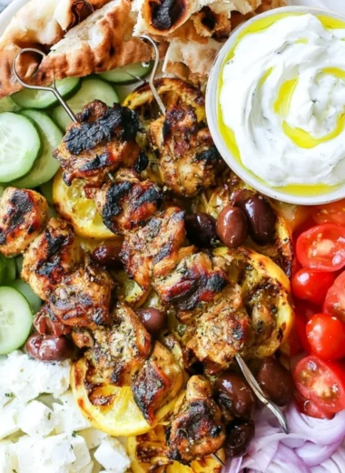 Delicious Greek Chicken Kabobs on a skewer with colorful vegetables