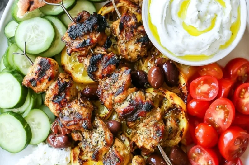 Delicious Greek Chicken Kabobs on a skewer with colorful vegetables