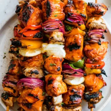 Grilled chicken kabobs with colorful vegetables on skewers