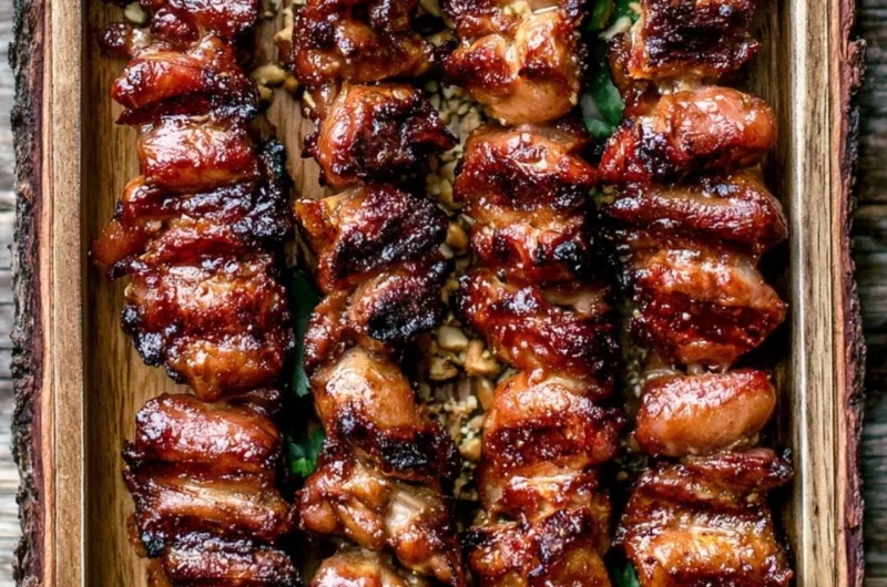Grilled Thai Coconut Chicken Skewers served with dipping sauce and fresh herbs.