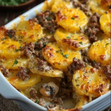 Delicious Hamburger Potato Casserole served in a dish, showcasing layers of potatoes and ground beef.