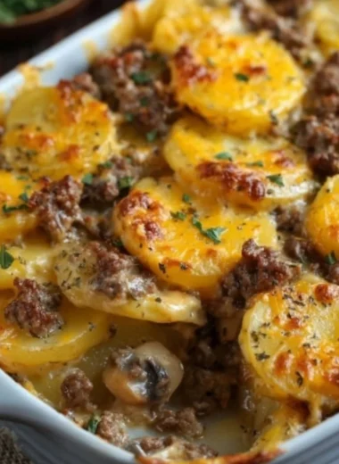 Delicious Hamburger Potato Casserole served in a dish, showcasing layers of potatoes and ground beef.