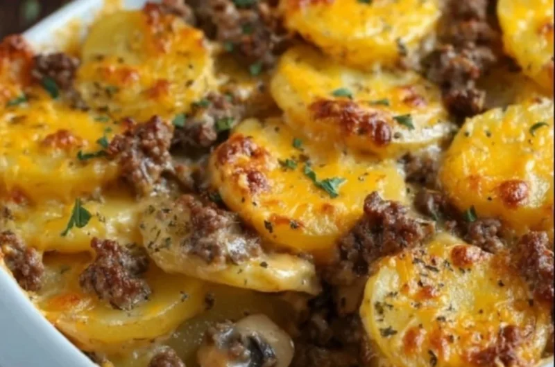 Delicious Hamburger Potato Casserole served in a dish, showcasing layers of potatoes and ground beef.