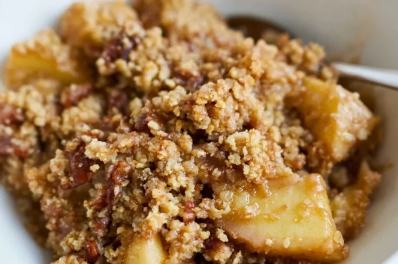 Healthy Breakfast Apple Crumble topped with oats and nuts