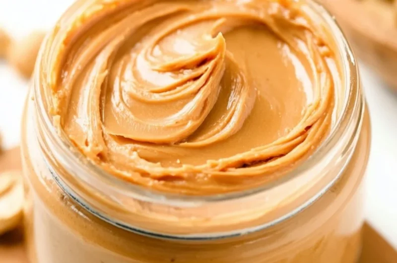Homemade peanut butter spread in a jar with peanuts on the side.