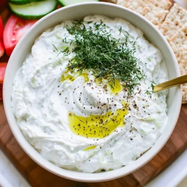 Delicious homemade tzatziki sauce in a bowl with fresh herbs and cucumber