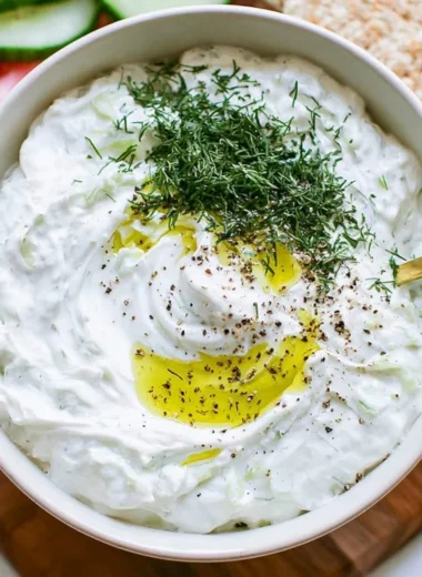 Delicious homemade tzatziki sauce in a bowl with fresh herbs and cucumber