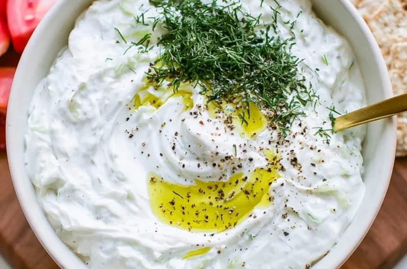 Delicious homemade tzatziki sauce in a bowl with fresh herbs and cucumber