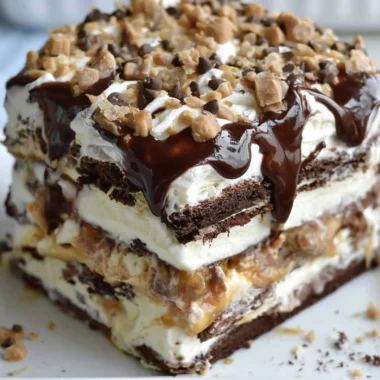 Delicious ice cream sandwich cake topped with chocolate and sprinkles
