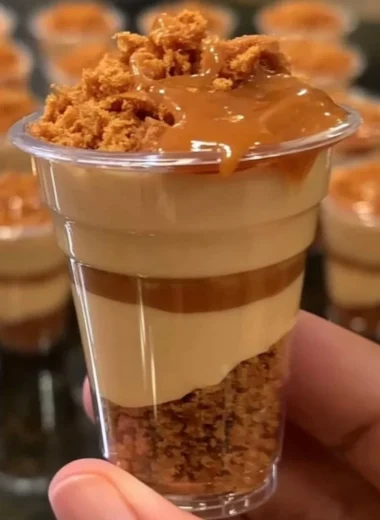 Mini Biscoff cheesecake cups topped with creamy Biscoff spread and crumbs.